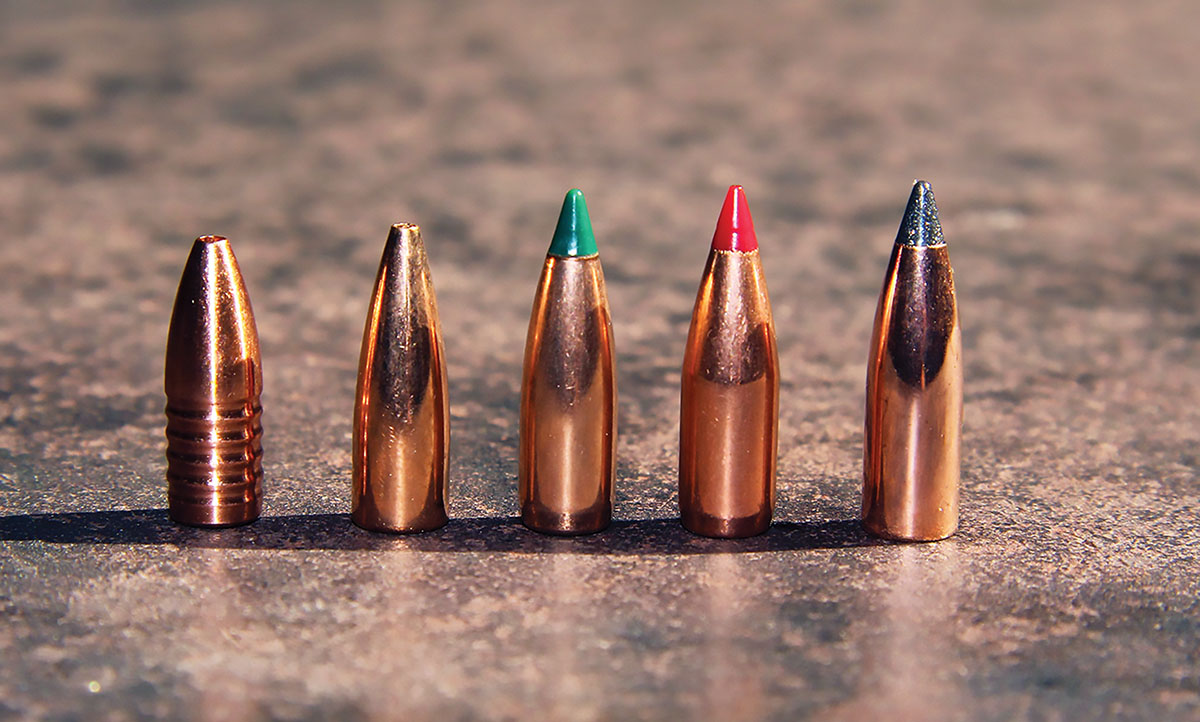 Bullets used to test the 22-250 Remington included (left to right): Hammer Bullets 44-grain Hammer Hunter, Speer 50-grain TNT, Sierra 50-grain BlitzKing, Hornady 52-grain ELD Match and Nosler 55-grain Tipped Varmageddon.
